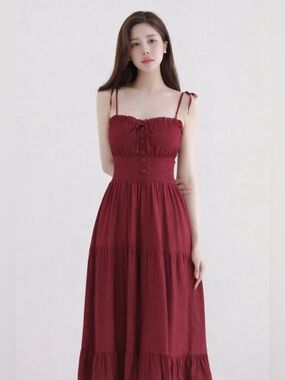 Red Ruffle Frill Trim Spaghetti Strap Shirred Dress maxi